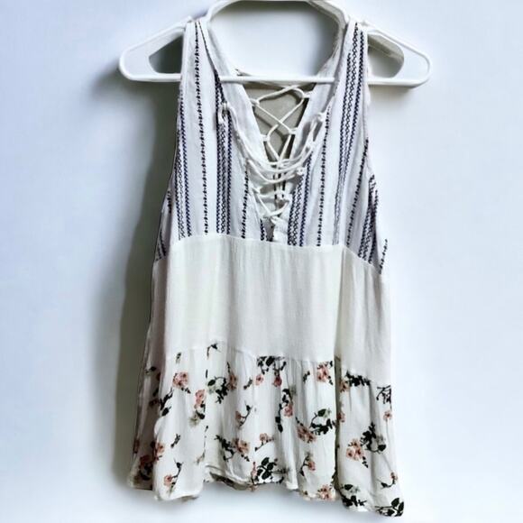 HUMMINGBIRD White Black Floral Boho Tie Blouse Size Small - Picture 2 of 10